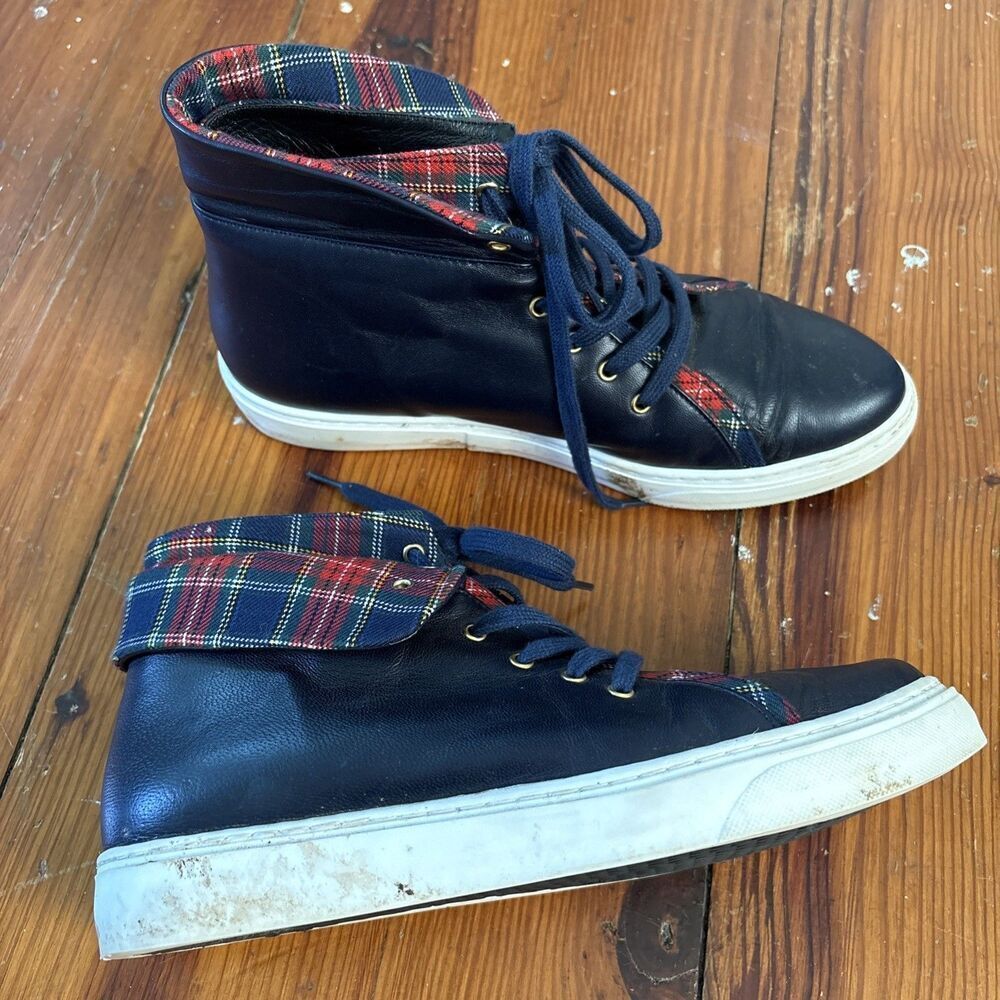 Sarah Flint CHARLOTTE BLUE Leather Tartan Plaid Check High‎ Top Sneakers US 6.5